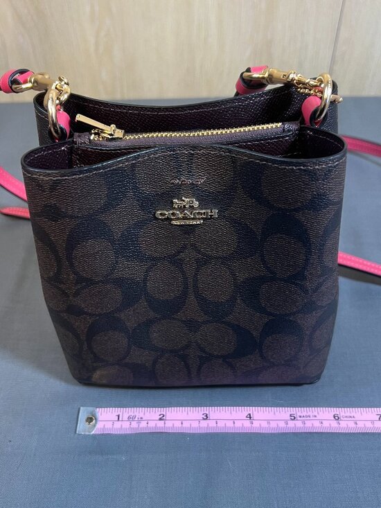 Coach Handbags - Coach Mini Crossbody Bag - Brown Signature Canvas and Hot Pink Leather - Like Ne